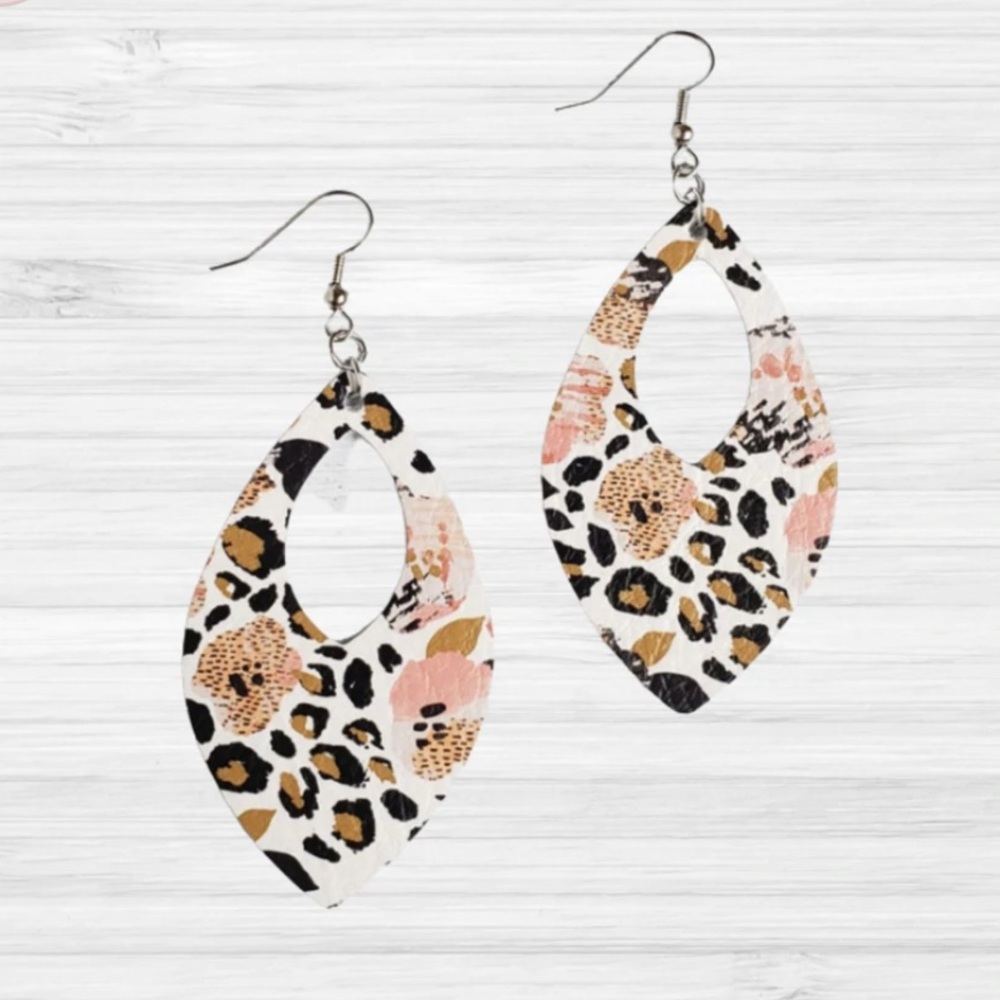 Leopard Pansies Leather Open Teardrop Earrings